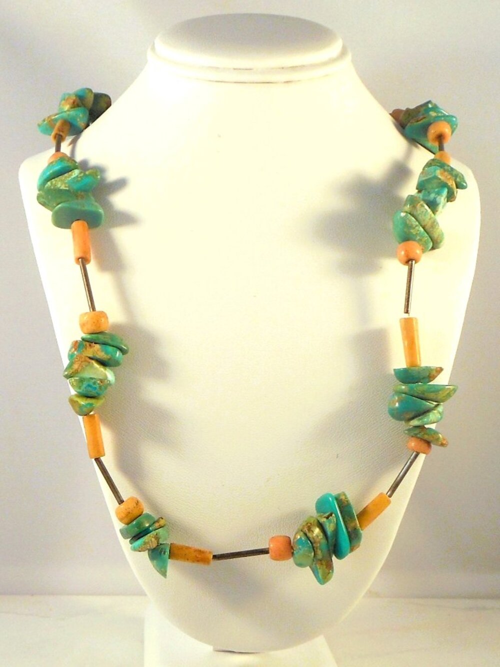 Handmade Turquoise Nugget Necklace, Clay Beads, Sterling Silver, Boho Tribal